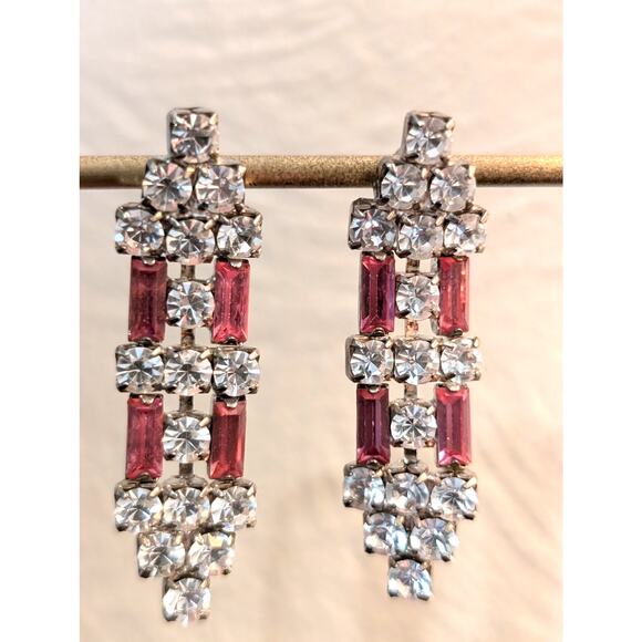 Vintage 1950s Art Deco Inspired Pink Baguette Drop Earrings - Picture 1 of 4